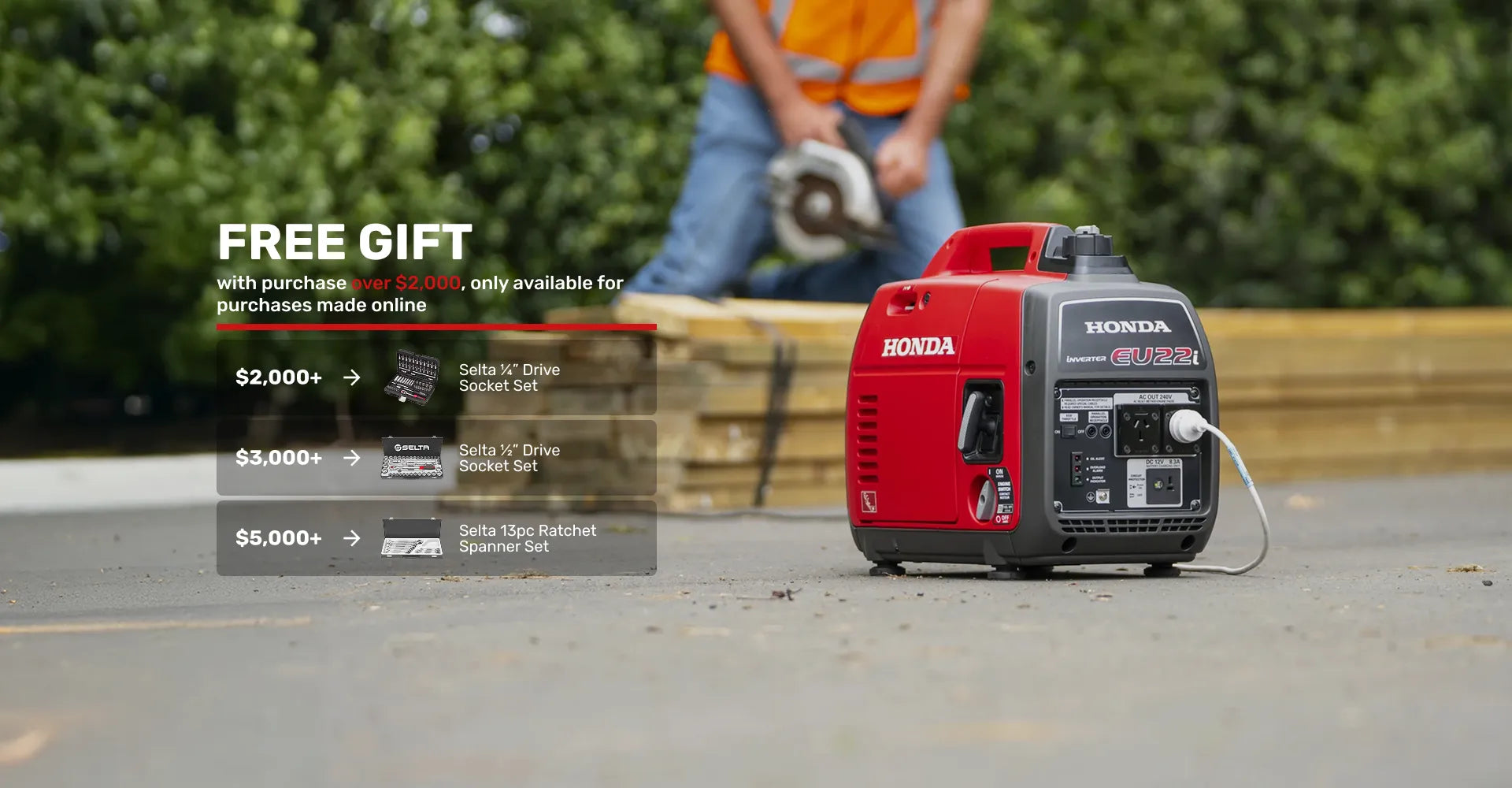 Honda generator on a street with a person using a skill saw in the background - Riequip NZ Free Gift