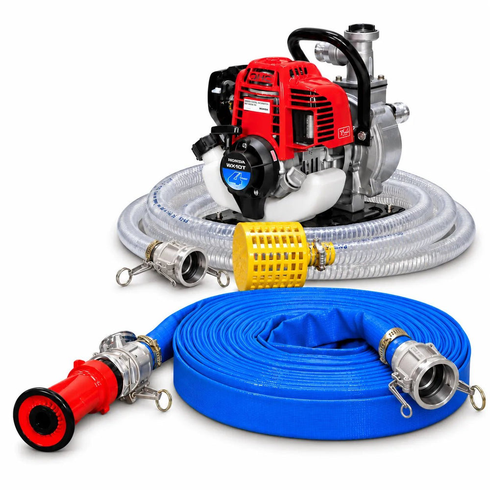 Honda WX10T pump with clear suction hose, blue layflat hose and spray nozzle