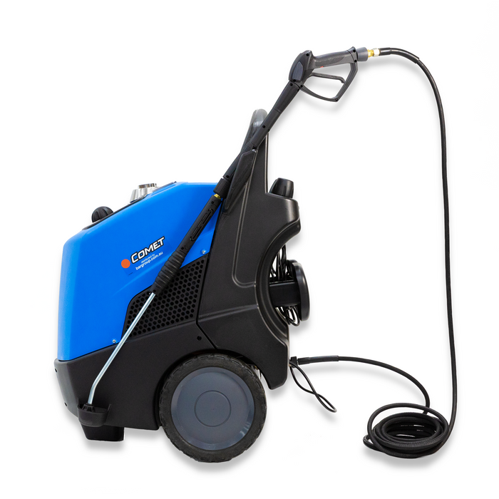 A Comet brand steam cleaner, predominantly blue and black in color, with large rubber wheels, fuel and detergent tanks, and an attached hose.