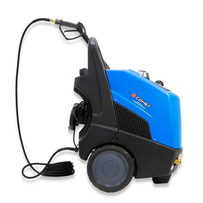 A Comet brand steam cleaner, predominantly blue and black in color, with large rubber wheels, fuel and detergent tanks, and an attached hose.