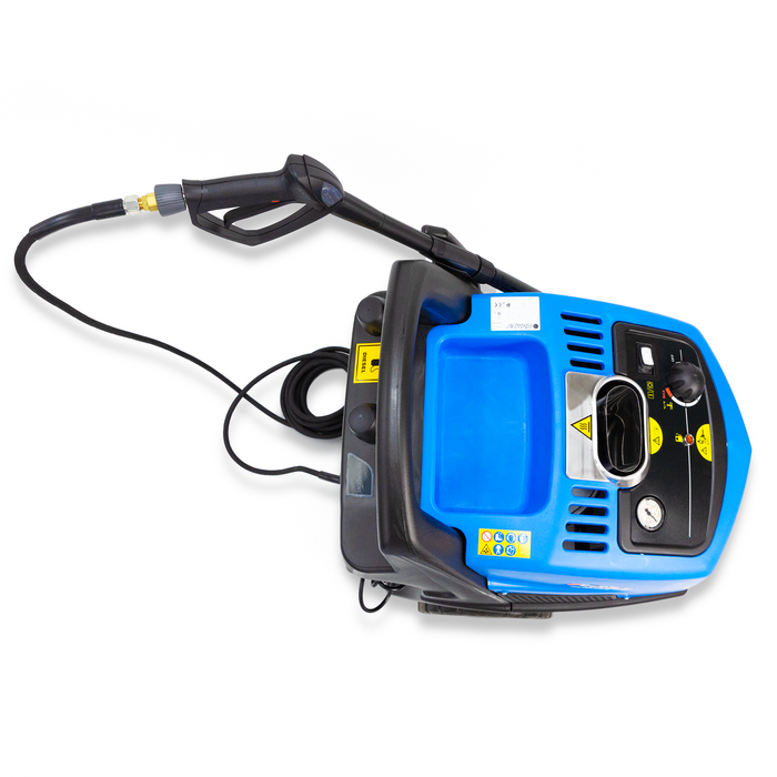 A Comet brand steam cleaner, predominantly blue and black in color, with large rubber wheels, fuel and detergent tanks, and an attached hose.
