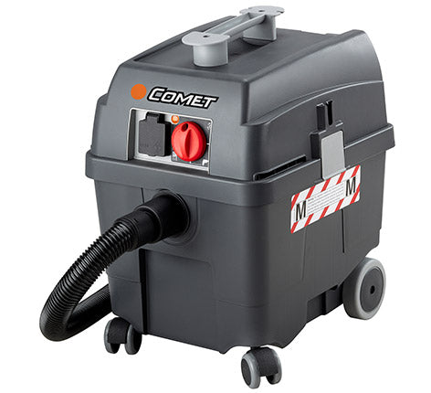 A gray Comet brand vacuum cleaner designed for both wet and dry cleaning, with visible wheels, hoses, and controls.
