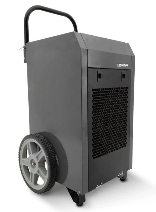 Gray dehumidifier 90L with wheels on a white background
