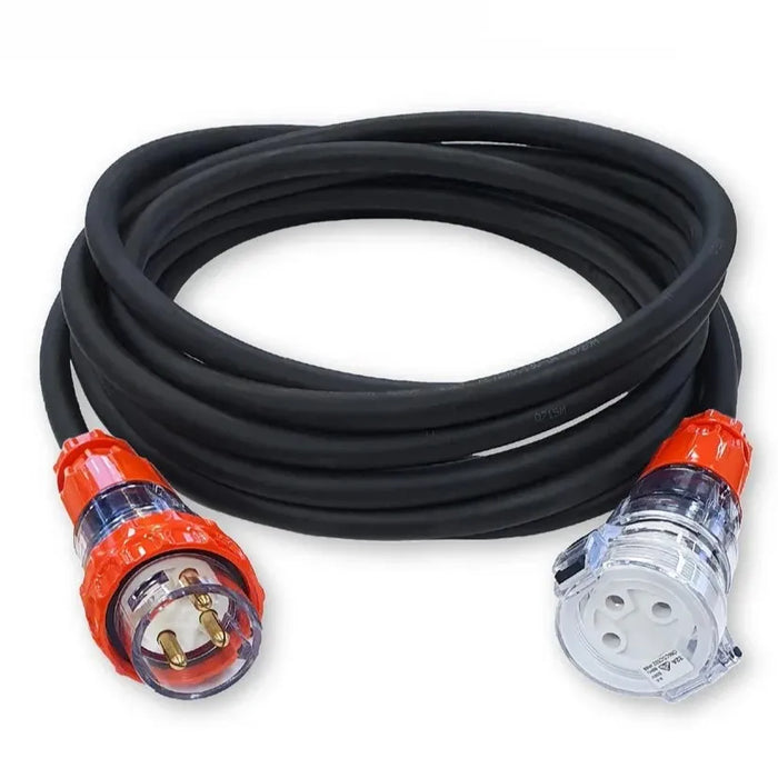 Riequip coiled black extension lead with orange and transparent plug and socket