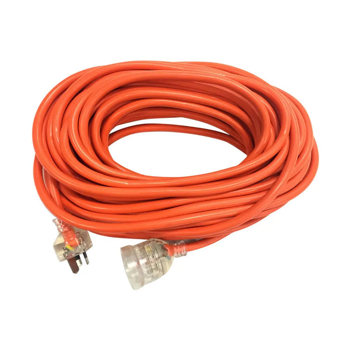 Coiled orange extension cord with plug and socket on a white background Riequip NZ
