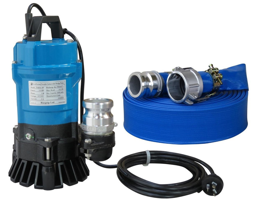 2" Reid Drainvac 750 Semi-Vortex Drainage Submersible Pump - No Float Switch + Hose Kit