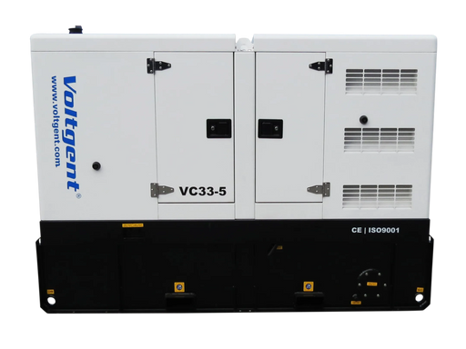 Side view of Cummins 33kVA 26kW silent diesel generator with weatherproof soundproof enclosure