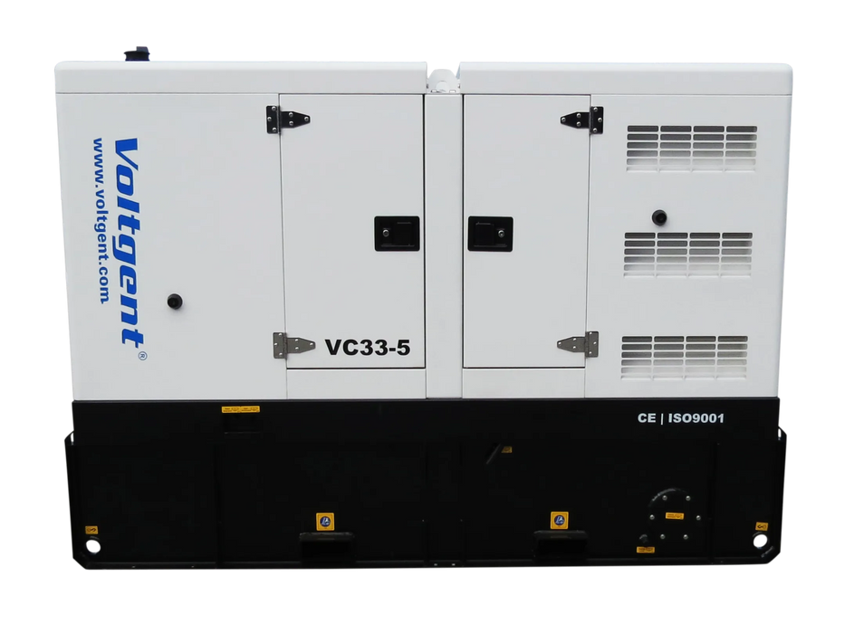 Side view of Cummins 33kVA 26kW silent diesel generator with weatherproof soundproof enclosure