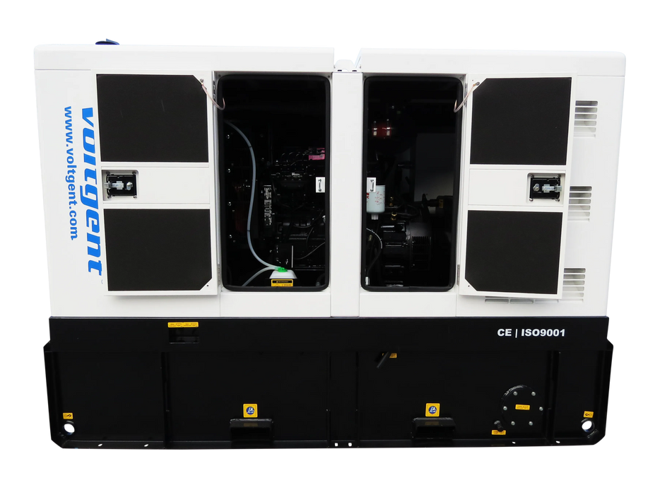 Cummins 33kVA diesel generator with access doors open showing internal components for easy servicing