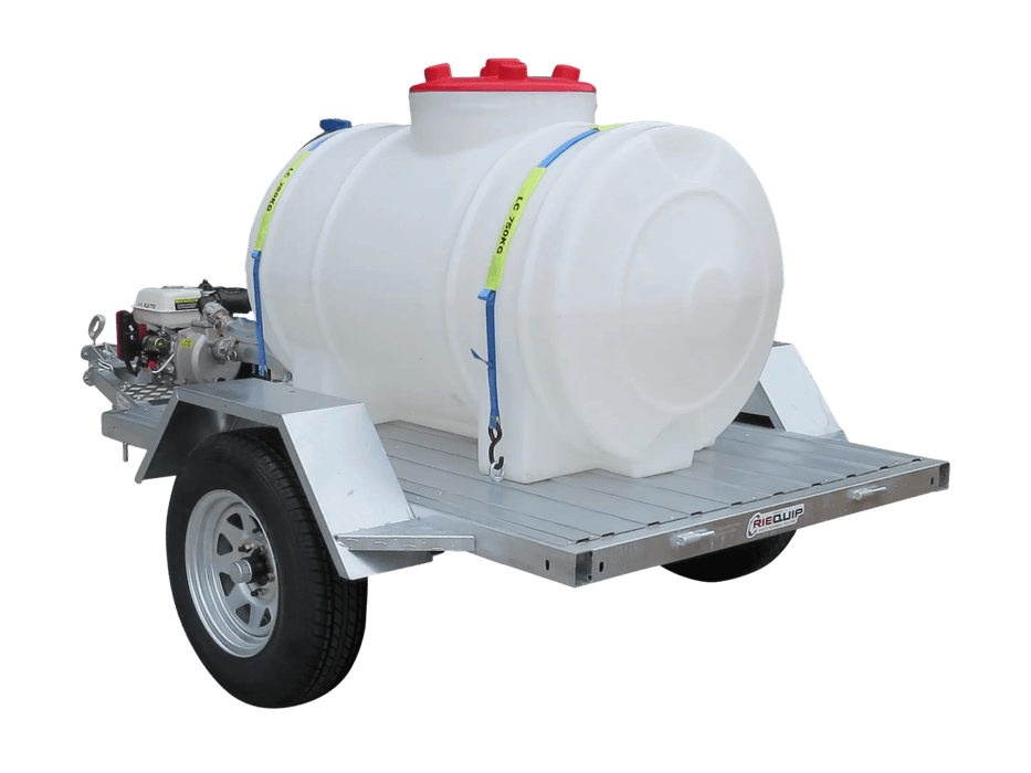 Rear view of Honda powered calf milk mixer trailer 550L showing tank and galvanised trailer