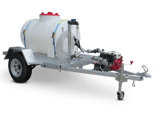 Honda powered calf milk mixer trailer 550L front isometric view showing pump, hose and tank on galvanised trailer