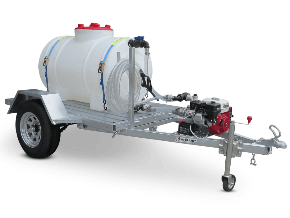 Honda powered calf milk mixer trailer 550L front isometric view showing pump, hose and tank on galvanised trailer