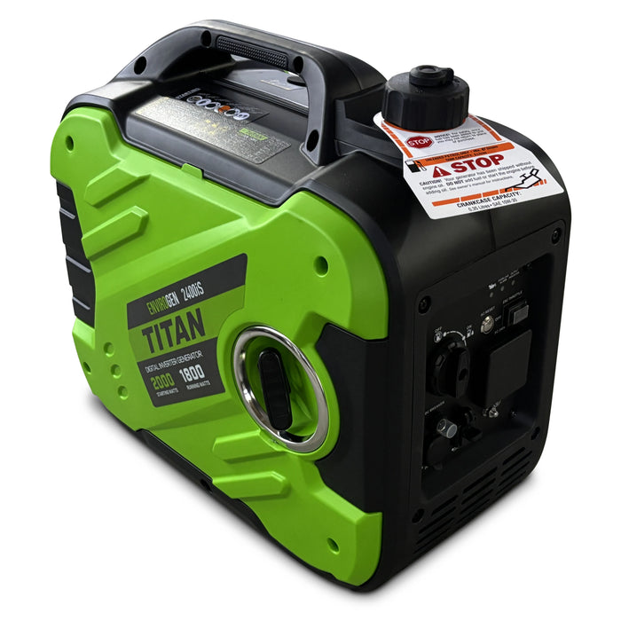 Titan Envirogen 2400iS silent inverter generator with carrying handle.