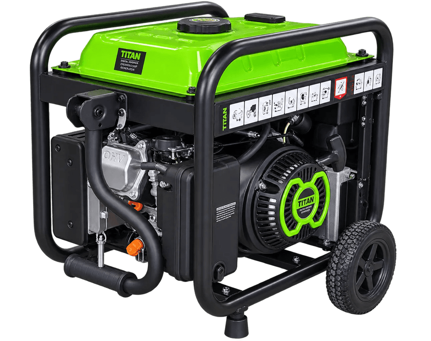 Left view of Titan Envirogen 4600iE showing the pull start and fuel tap.