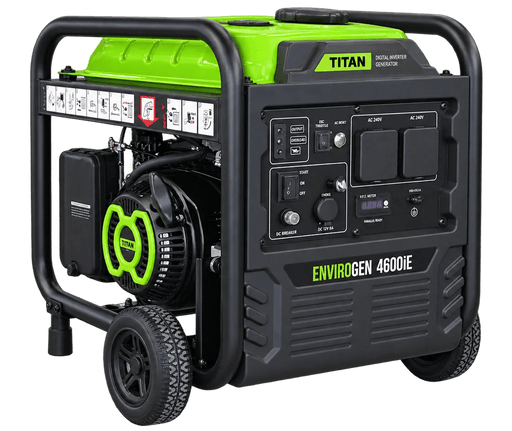 Titan Envirogen 4600iE 4.0kW inverter generator with wheels and handle.