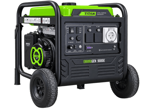 Isometric view of the Titan Envirogen 9000iE inverter generator showing the control panel