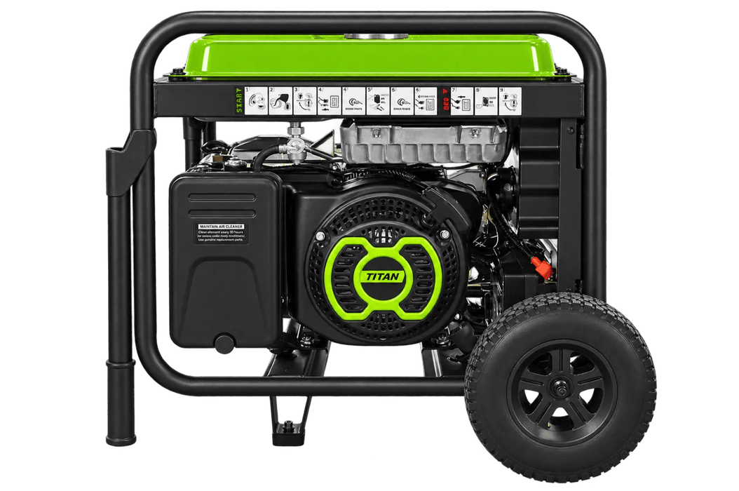 Left view of the Titan Envirogen 9000iE generator showing the pull start and operating instructions