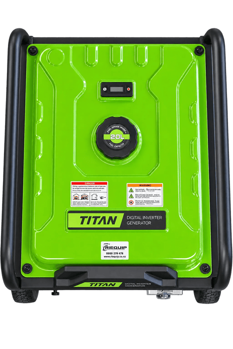 Top view of the Titan Envirogen 9000iE generator showing the fuel cap and tank level gauge